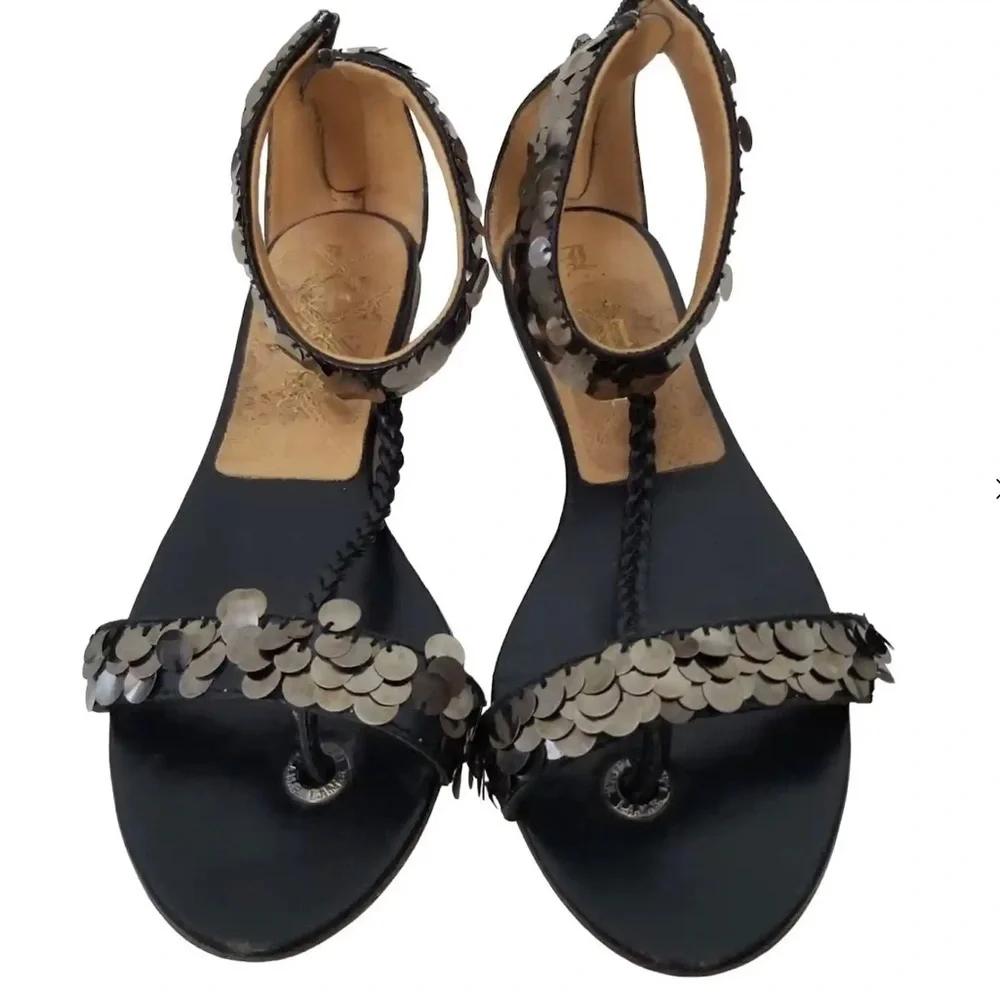 NWOT L.A.M.B. BLACK PATENTED LEATHER GUNMETAL SEQUIN‎ SANDAL​​​​​ - Picture 2 of 3